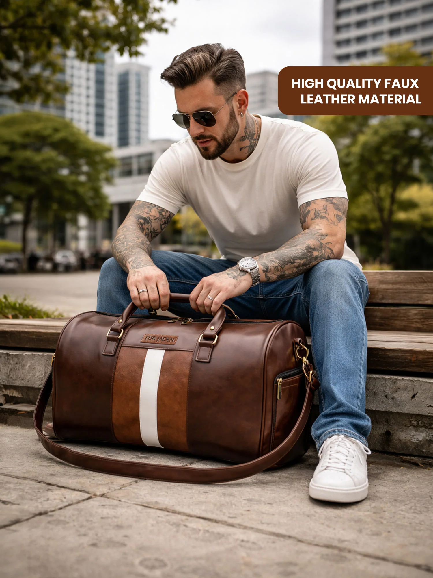 Brown Weekender Faux Leather Duffle - Image 9