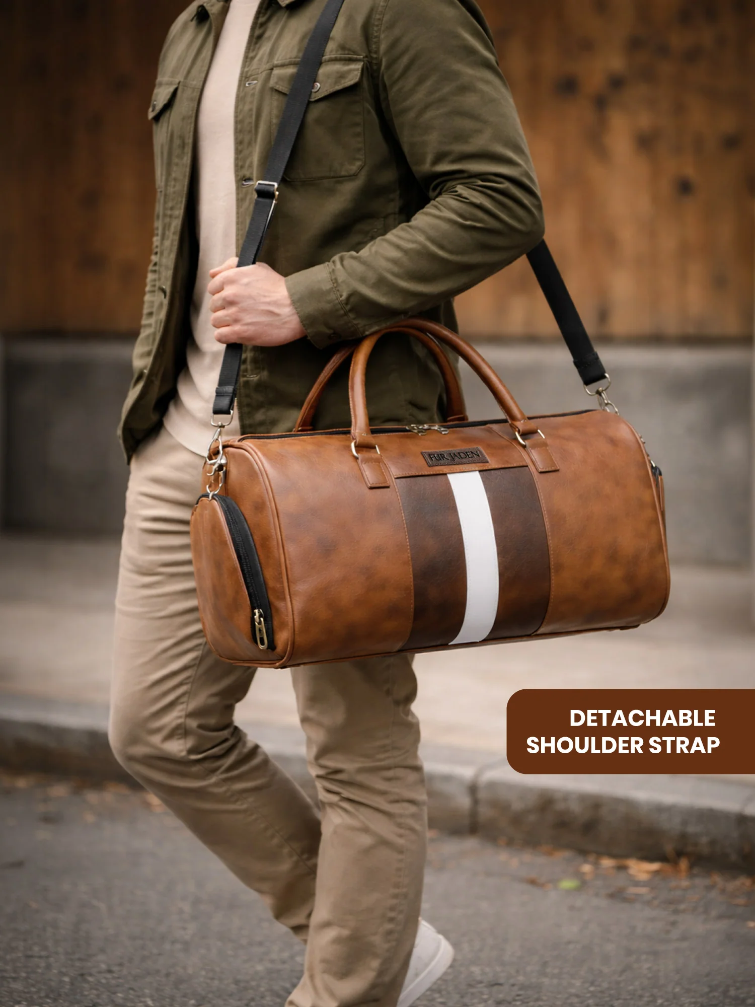 Tan Weekender Faux Leather Duffle Bag - Image 9